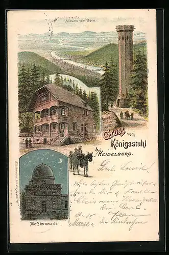 Lithographie Heidelberg, Königsstuhl - Gasthaus, Aussichtsturm, Sternwarte