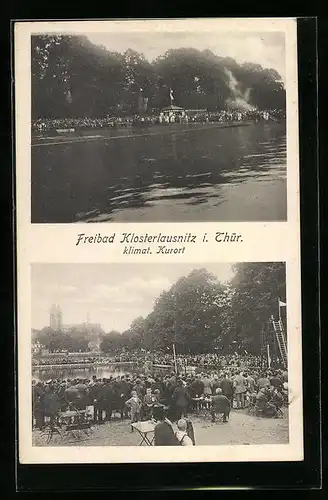 AK Klosterlausnitz /Th., Freibad - Ansicht vom Wasser, Veranstaltung mit Publikum