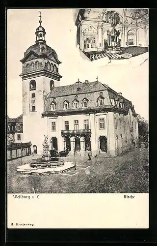 AK Weilburg a. L., Kirche mit Brunnen aus der Vogelschau