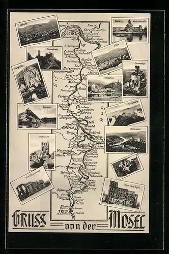 Künstler-AK Trier, Kaiserpalast, Porte Nigra, Landkarte mit Mosel und Umgebung