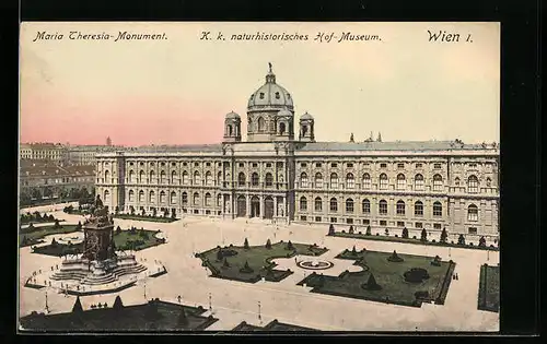 AK Wien, Hof-Museum mit Maria Theresia-Monument und Anlagen
