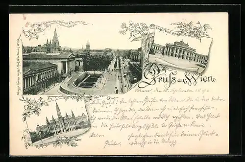 AK Wien, Reichsrathsgebäude mit Franzenring, KK Hofburg-Theater