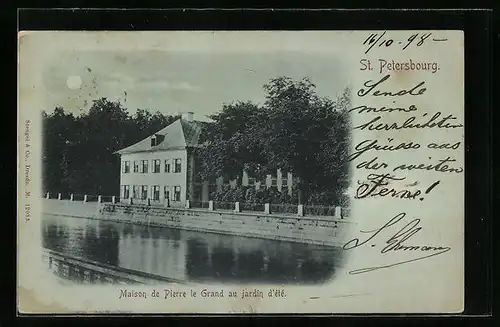 Mondschein-AK St. Pétersbourg, Maison de Pierre le Grand au jardin d`été