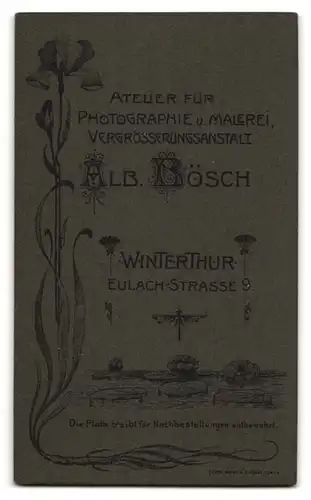 Fotografie Alb. Bösch, Winterthur, Eulachstr. 9, Portrait charmanter Herr mit Schnurrbart im Jackett