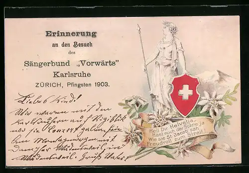 Präge-Lithographie Zürich, Sängerbund Vorwärts Karlsruhe, Pfingsten 1902, Helvetia mit Wappen