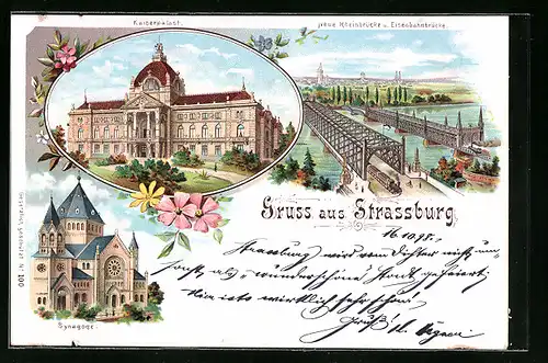 Lithographie Strassburg, Synagoge, Kaiserpalast, Neue Rheinbrücke
