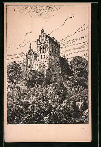 Künstler-AK Dt. Eylau, Blick auf die Ordenskirche