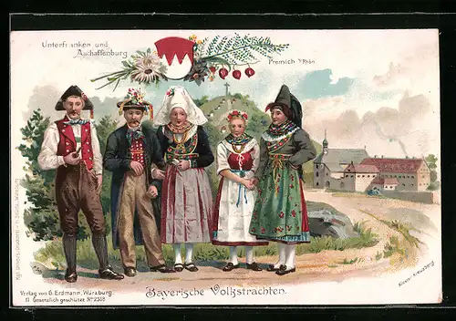 Lithographie Aschaffenburg, Personengruppe in bayerischen Trachten