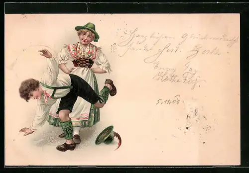 Lithographie Paar in bayerischer Tracht beim Schuhplattler