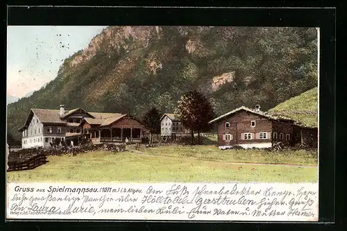 AK Spielmannsau i. b. Allgäu, Blick auf Bauernhäuser
