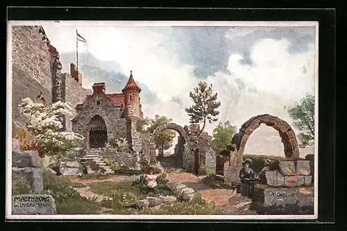 Künstler-AK Landau /Pfalz, Blick auf die Madenburg