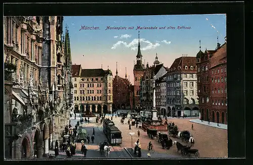 AK München, Marienplatz mit Mariensäule und altes Rathaus, Strassenbahn