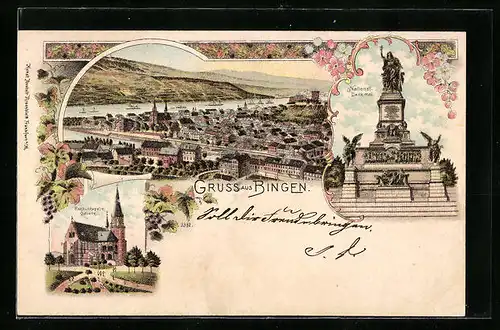 Lithographie Bingen, Teilansicht, Rochuskapelle, National-Denkmal