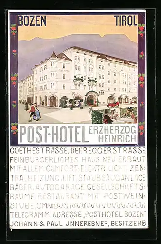 Künstler-AK Bozen, Post Hotel Erzherzog Heinrich