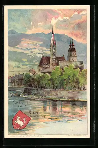 Künstler-AK Brixen, Blick vom Eisak-Steig zur Kirche