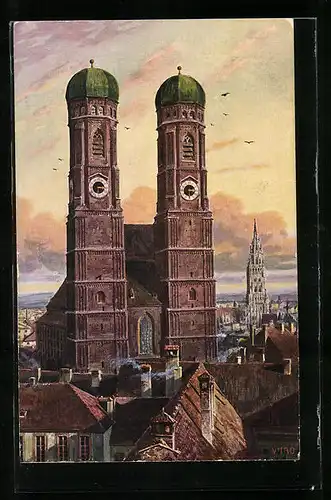 Künstler-AK München, Ortspartie mit Frauenkirche