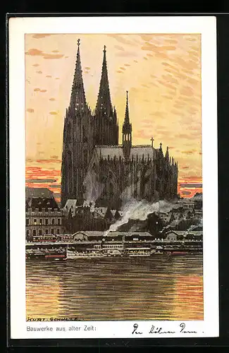 Künstler-AK Köln, Kölner Dom bei Sonnenuntergang