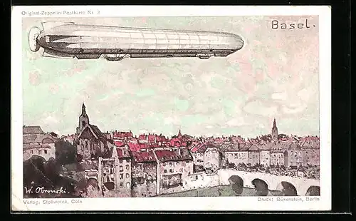 Künstler-AK Basel, Zeppelin über der Stadt, Stollwerck