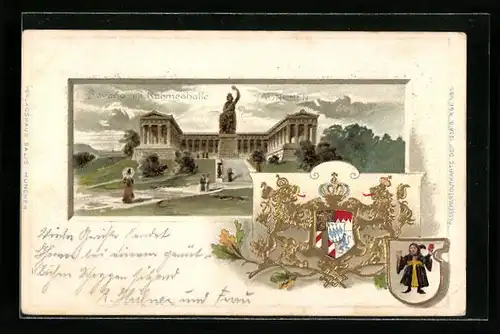 Passepartout-Lithographie München, Bavaria mit Ruhmeshalle, Wappen, Münchner Kindl