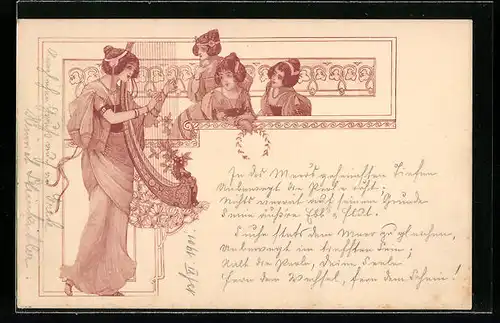 Künstler-AK Konkubinen beim Harfespiel