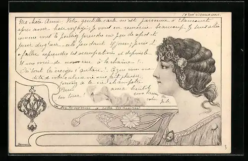 Künstler-AK Junge Frau mit prächtigem Haarschmuck, Jugendstil