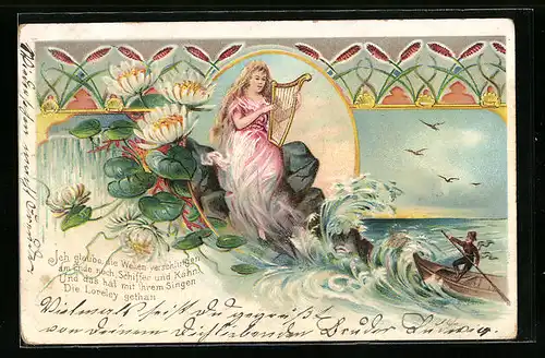 Lithographie Loreley mit Harfe, Seerosen
