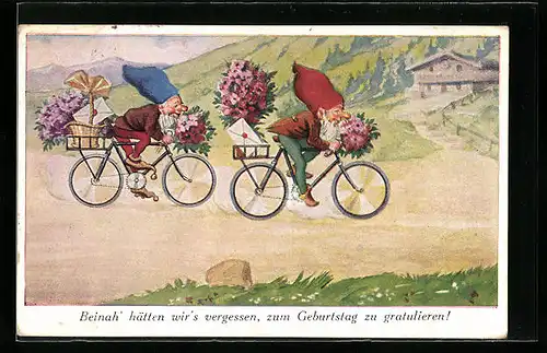 Künstler-AK Beinah` hätten wir`s vergessen, zum Geburtstag zu gratulieren!, Zwerge auf Fahrrädern