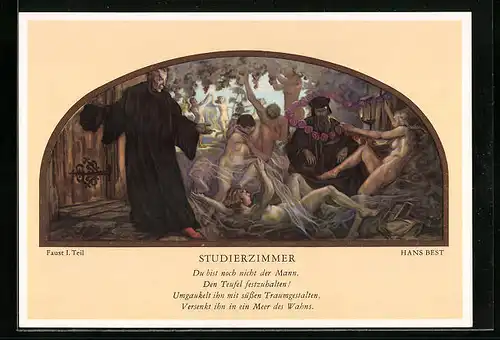 Künstler-AK Leipzig, Auerbachs Keller, Wandgemälde von Hans Best, Szenen aus Faust, Studierzimmer