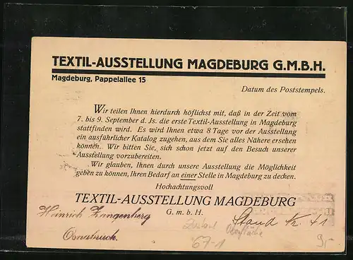 AK Magdeburg, Textil-Ausstellung auf dem Roten Horn 1924