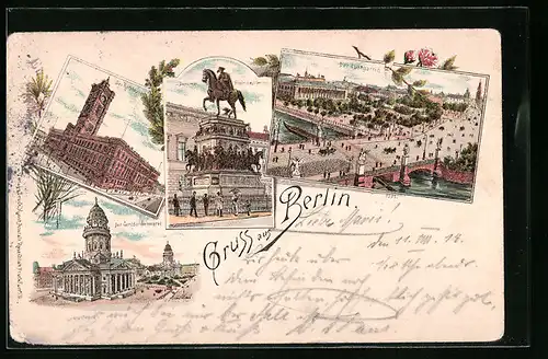 Lithographie Berlin, Denkmal Friedrich des Grossen, Lustgarten, Gendarmenmarkt