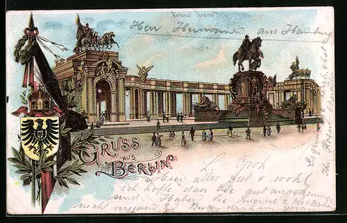 Lithographie Berlin, National Denkmal mit Wappen