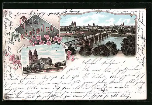 Lithographie Magdeburg, Brücke über der Elbe und Blick auf den Dom