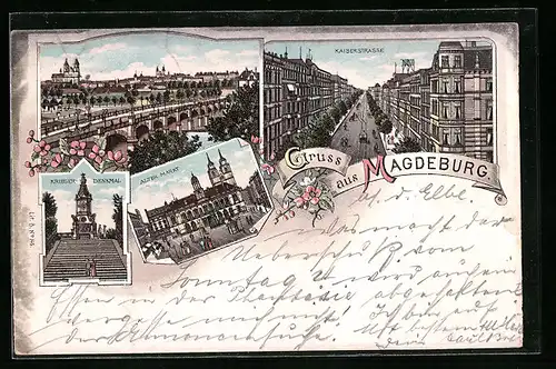 Lithographie Magdeburg, Alter Markt, Krieger-Denkmal, Kaiserstrasse