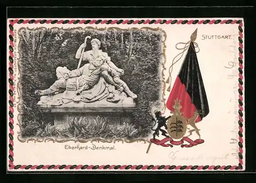 Passepartout-Lithographie Stuttgart, Blick auf das Eberhard-Denkmal, Wappen