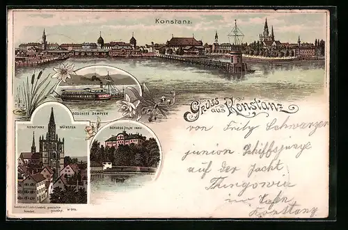 Lithographie Konstanz, Panorama vom Wasser aus, Münster, Bodensee-Dampfer
