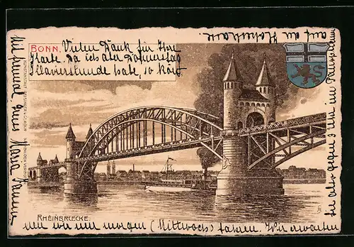 Lithographie Bonn, Rheinbrücke mit Wappen