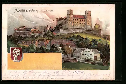 Lithographie Eichstätt, Willibaldsburg mit Wappen