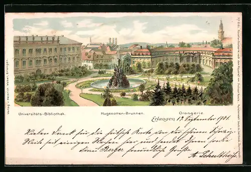 Lithographie Erlangen, Universitäts-Bibliothek, Hugenotten-Brunnen, Orangerie
