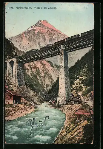 AK Amsteg, Viaduct mit Gotthardbahn