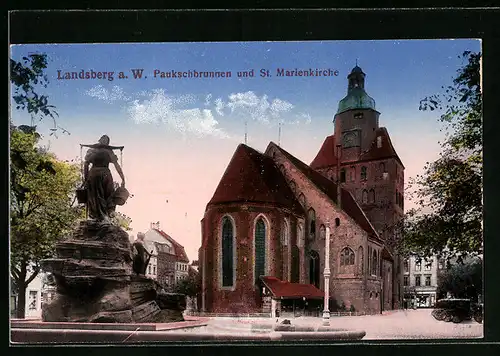 AK Landsberg a. W., Paukschbrunnen und St. Marienkirche
