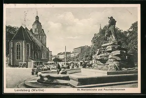 AK Landsberg /Warthe, St. Marienkirche und Paukschbrunnen