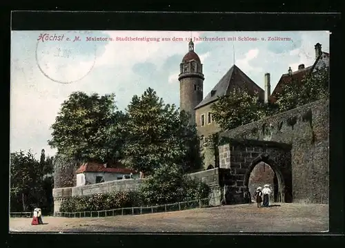 AK Frankfurt-Höchst, Maintor und Stadtbefestigung mit Schloss und Zollturm