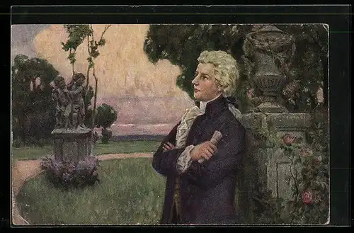 Künstler-AK Mozart, Parkanlagen mit Figuren auf einer Säule