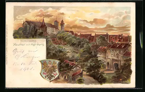 Präge-Lithographie Nürnberg, Neutor mit Königlicher Burg, Wappen