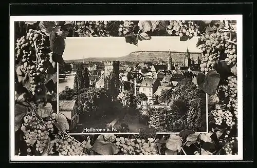 AK Heilbronn a. N., Teilansicht, Weintrauben, Passepartout