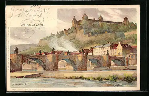 Künstler-AK Karl Mutter: Würzburg, Brücke und Festung Marienberg