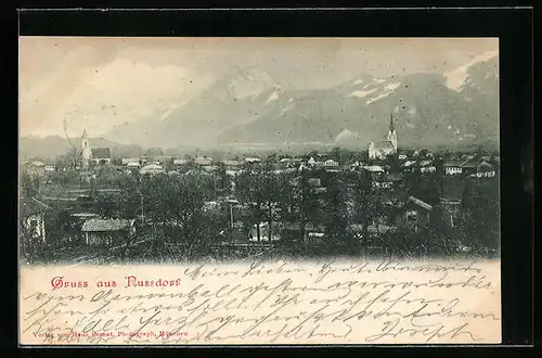 AK Nussdorf, Ortsansicht mit Kirchen und Bergpanorama