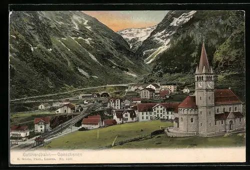 AK Goeschenen, Gotthardbahn und Blick auf den Ort