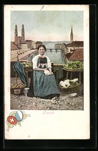 AK Zürich, Blick auf die Stadt mit Bauersfrau und ihren Waren