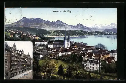 AK Luzern, Hotel Garni Alpina in der Frankenstrasse 6, Teilansicht und die Rigi